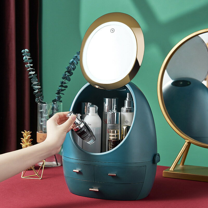 網紅led化妝鏡子收納盒帶燈補光宿舍學生桌面臺式梳妝鏡一體便攜 全館免運