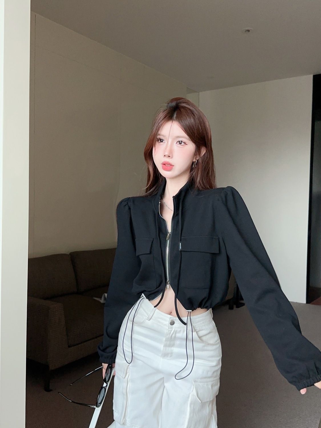 短款夾克工裝外套泡泡袖上衣女設計感小眾機車沖鋒衣