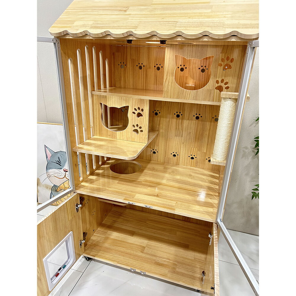 【台灣現貨】防水實木貓別墅 帶屋頂貓舍 豪華貓櫃 家用大空間貓房子 帶自由門出入貓窩 室內不占地貓籠子（90*60*170cm） 3