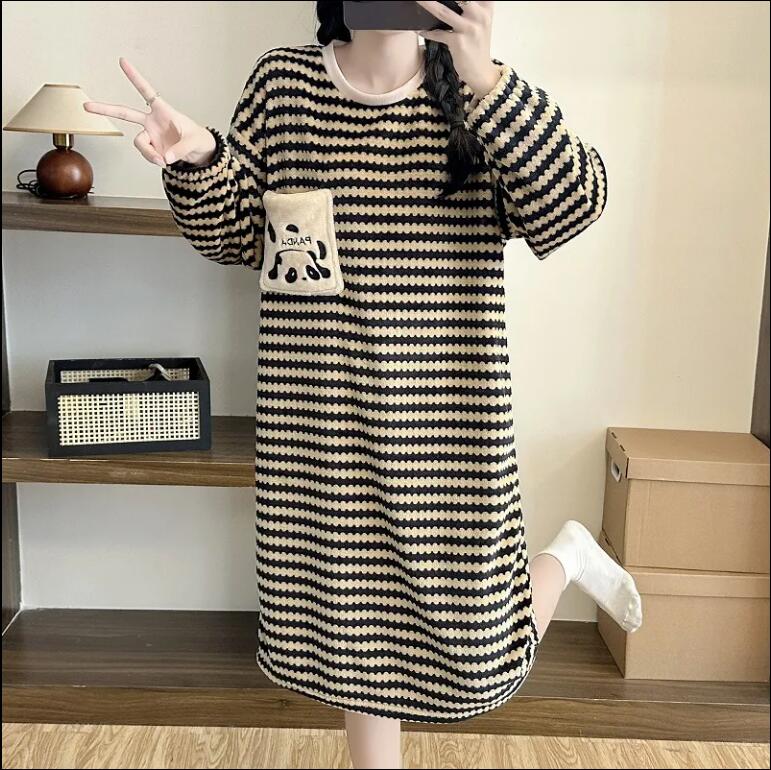 珊瑚睡裙秋冬季韓版長袖加厚加絨睡衣公主風家居服中長款條紋圓領【步行者戶外生活館】