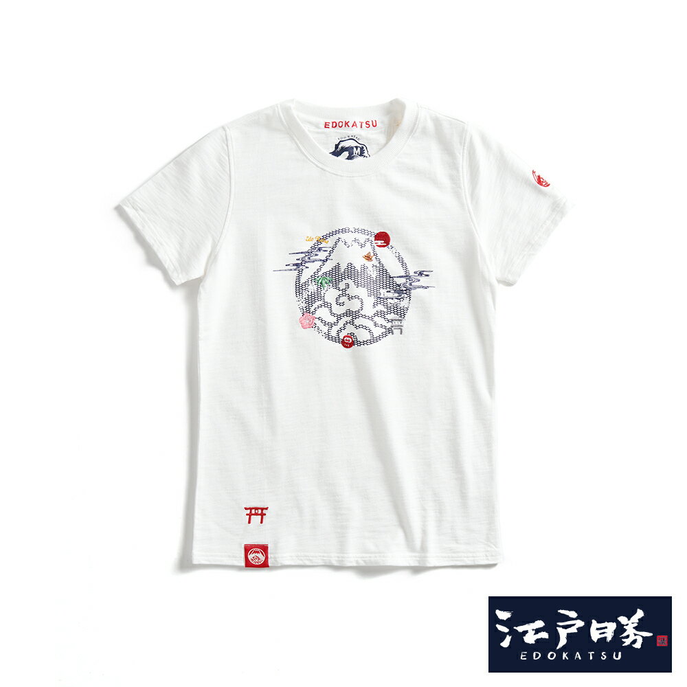 EDOKATSU江戶勝 富士山朱印和風小刺繡短袖T恤-女款 米白色