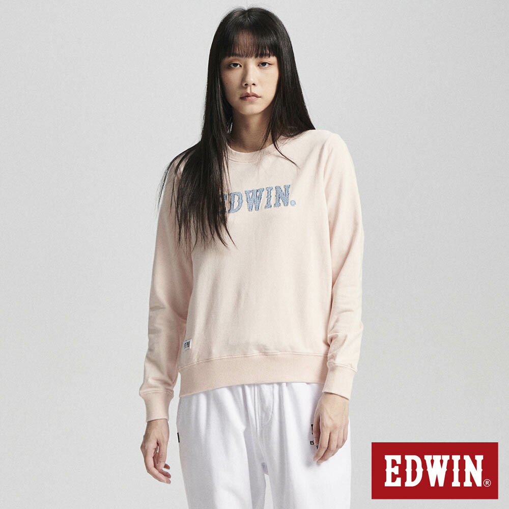 EDWIN 再生系列 CORE 刺仔繡拼布LOGO厚長袖T恤-女款 淡粉紅