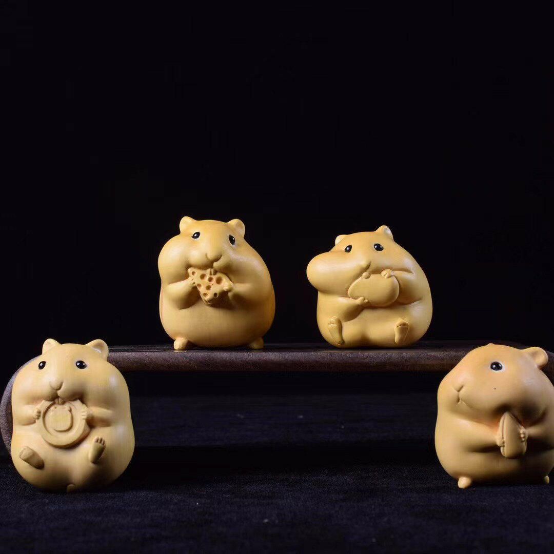 黃楊木雕手把件愛吃貨鼠擺件茶颱生肖工藝辦公室書房裝飾