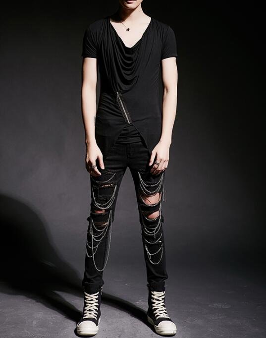 FINDSENSE MD 韓國 潮 男 街頭 夜店 髮型師 暗黑 個性特色 斜拉鏈設計T恤 鐵鏈長褲 套裝 短T+長褲