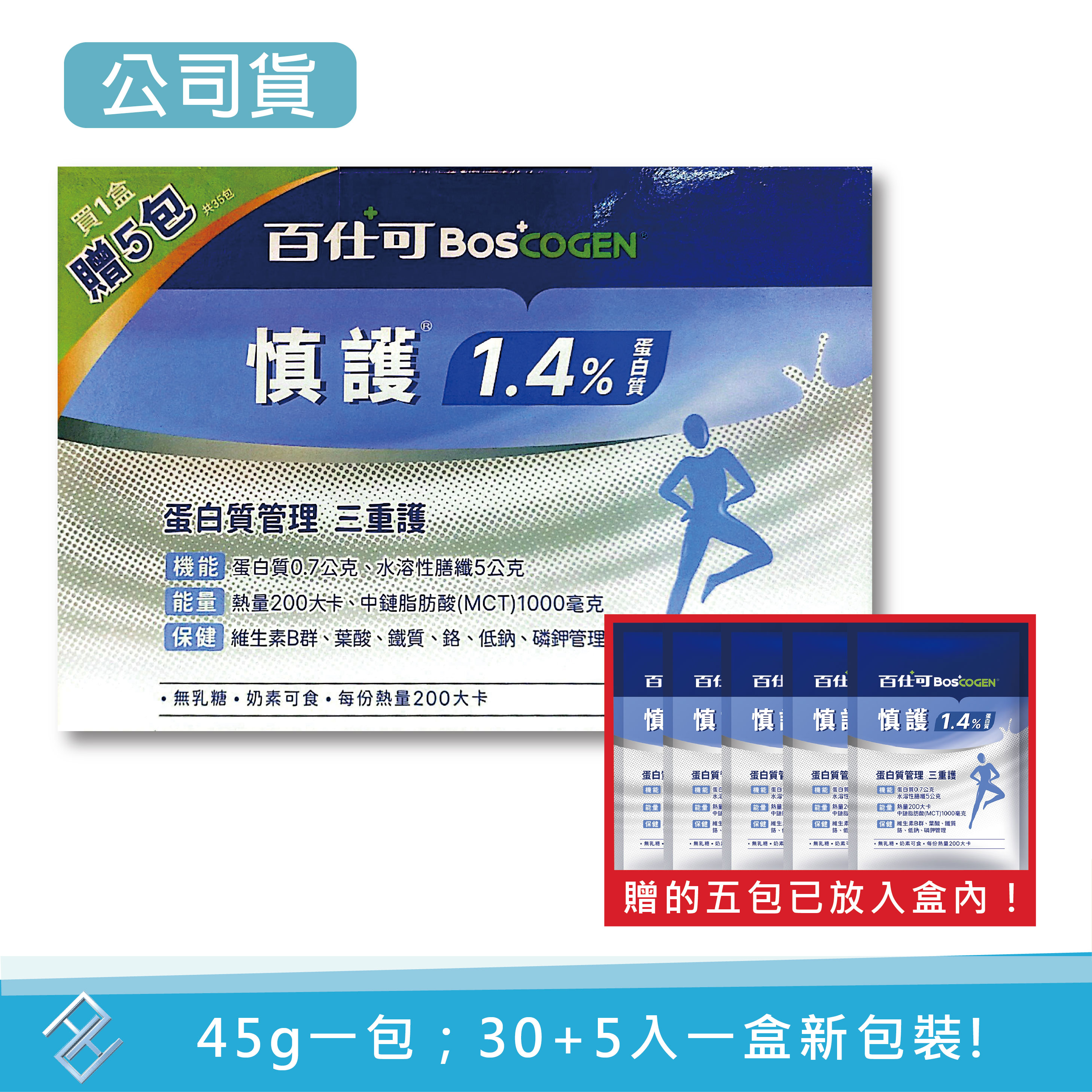 特贈洗衣精好禮 【30包送5包】百仕可 BOSCOGEN 慎護1.4%蛋白質營養素粉劑45gx35包/盒｜無乳糖、奶素可食｜具實體店面