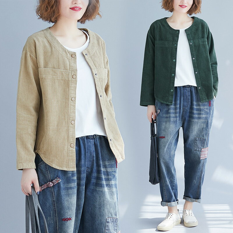 春款新款韓版學生燈芯絨外套女短款文藝範圓領寬松大碼短外套1入