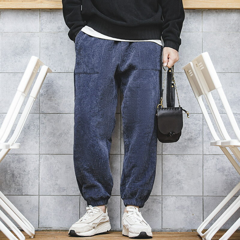 馬登工裝日系復古寬松束腳燈芯絨長褲厚實慵懶運動搖粒絨衛褲男冬