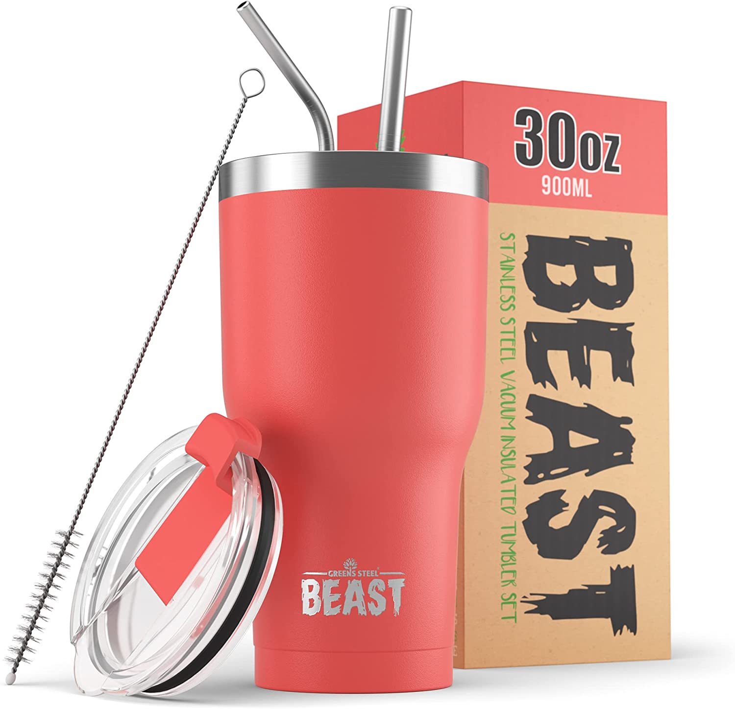 【美國代購】Beast 30 盎司不倒翁不銹鋼真空保溫咖啡冰杯雙壁旅行燒瓶（珊瑚粉色）