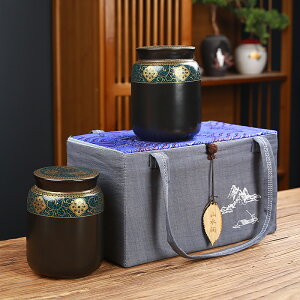 陶瓷茶葉罐中大號裝茶葉普洱花紅綠茶葉包禮盒裝密封罐雙罐手提袋