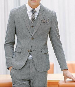 FINDSENSE品牌 韓國男羊毛呢 人字紋 四件式西裝外套 成套西裝 修身西裝 西裝外套 外套+背心+襯衫+褲子