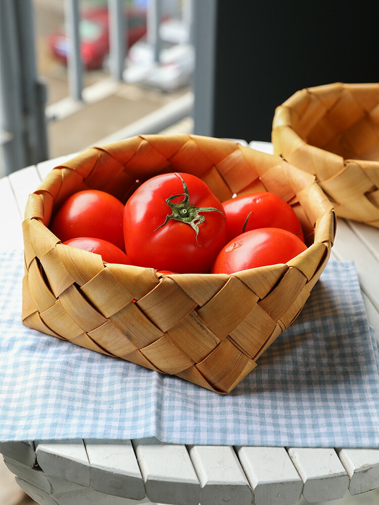 手工果盤木片編織籃子家用客廳水果收納框藤編野餐籃子