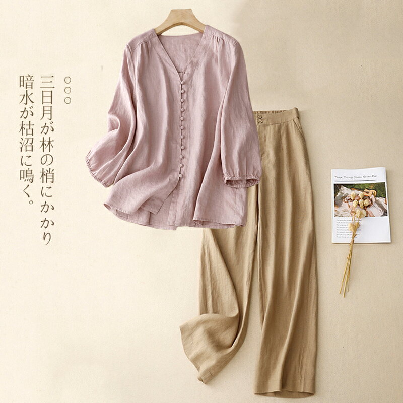 棉麻套裝女 時尚洋氣遮肚亞麻休閑褲兩件套媽媽休閑棉麻套裝女士2025春秋新款