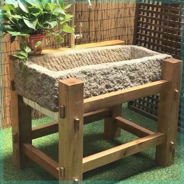 戶外石頭洗手盆石槽洗臉盆木架復古庭院中式水槽洗手池室外流水101YJ 快速寄出