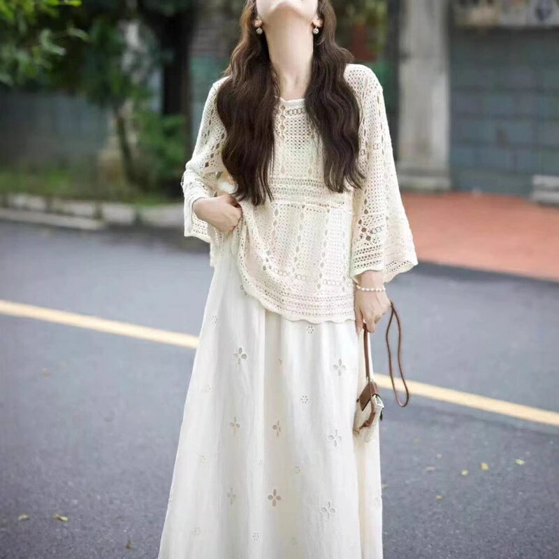 現貨+預購 休閒套裝長袖裙裝-鏤空針織衫A字長裙女裝74km89【獨家進口】【米蘭精品】