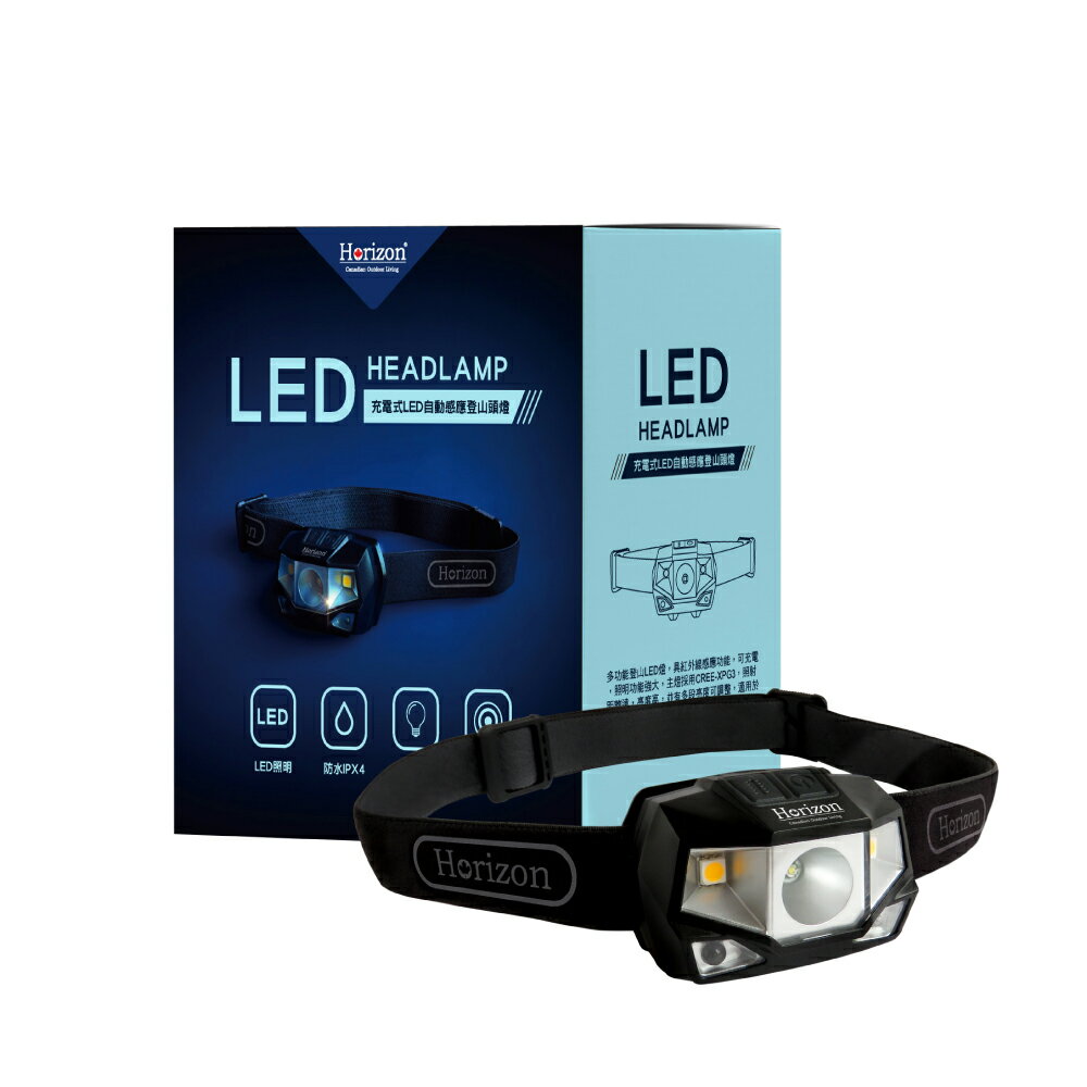 【Horizon 天際線】充電式LED自動感應登山頭燈 (IPX4防水) 續航力最高8小 頭燈 照明燈