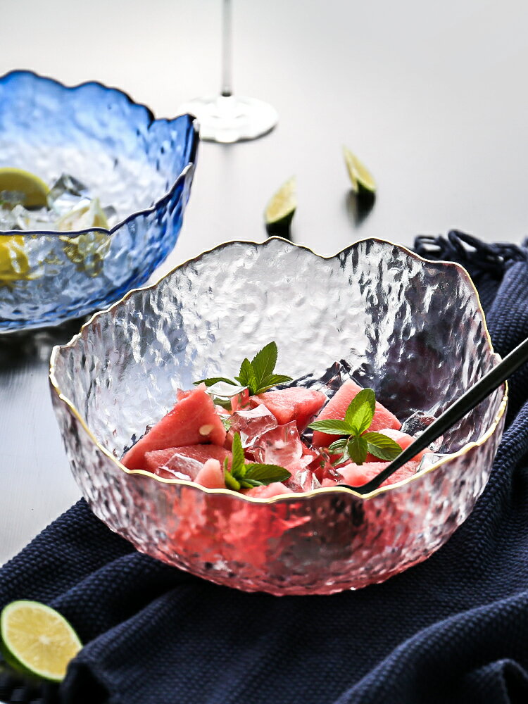 日式金邊透明玻璃碗家用大號水果沙拉碗北歐創意水果沙拉盤【林之色】