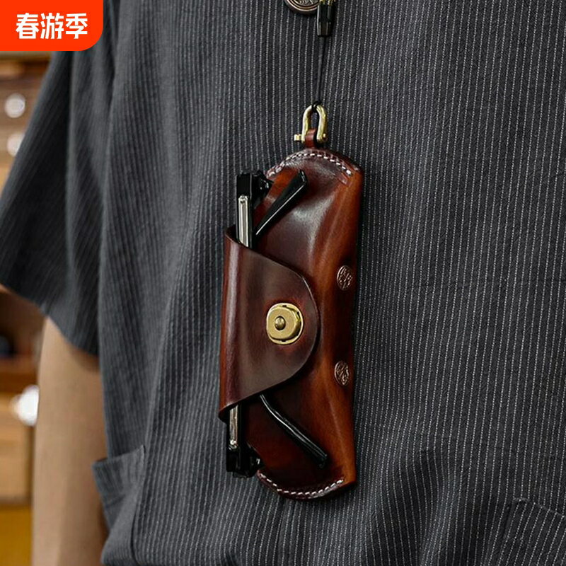 2025新款美式復古真軟皮眼鏡盒男便攜掛繩近視鏡墨鏡收納盒太陽鏡