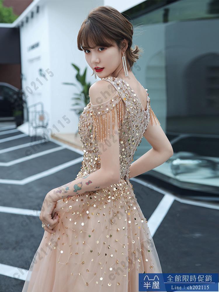 尾牙禮服 洋裝 重工晚禮服裙女2024新款輕奢小眾高階法式高階感主持人敬酒鎏金色交換禮物 三木優選