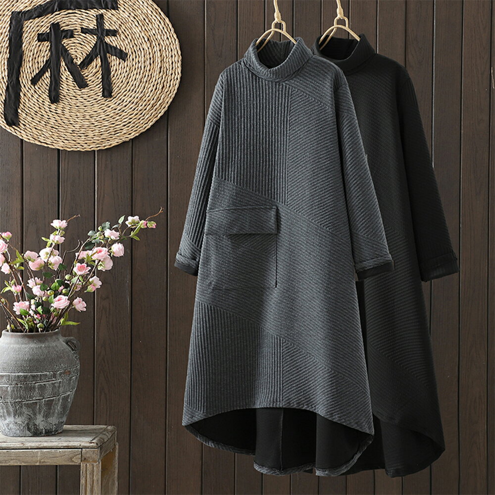 ＊ORead＊韓版復古文藝範高領不規則長款連身裙(2色M~2XL)【限定加碼✿全館滿額再折】