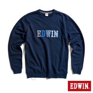 EDWIN CORE再生系列 環保丹寧拼接LOGO休閒厚長袖T恤-男款 丈青色 #換季折扣