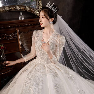 法式長袖婚紗2021新娘女新款冬季赫本高級小個子拖尾結婚禮服復古