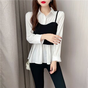 秋冬新品韓版法式優雅設計感黑色吊帶拼接白色假兩件襯衫女薄