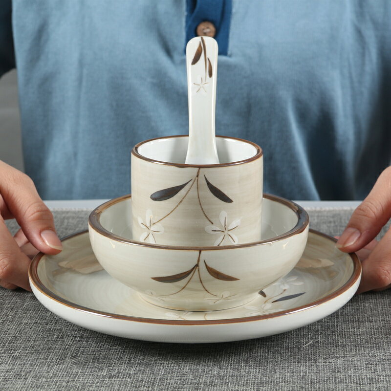 日式餐具套裝家用飯碗菜盤一人食手繪陶瓷碗盤酒店餐廳火鍋店商用