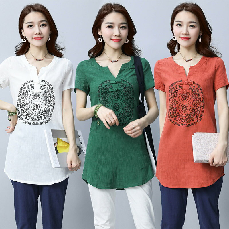 FINDSENSE G5 韓國時尚 棉麻 短袖 中長款 純色 復古 上衣 印花 短袖 T恤