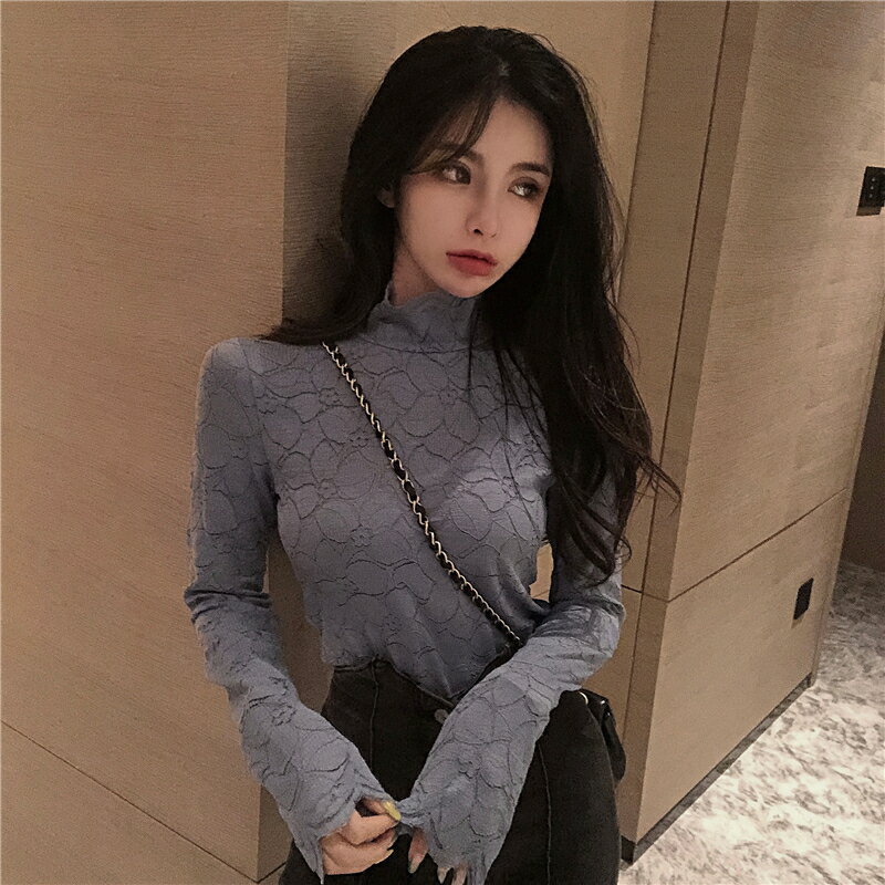 半高領打底衫女洋氣時尚網紗性感長袖內搭蕾絲上衣服秋冬新款1入