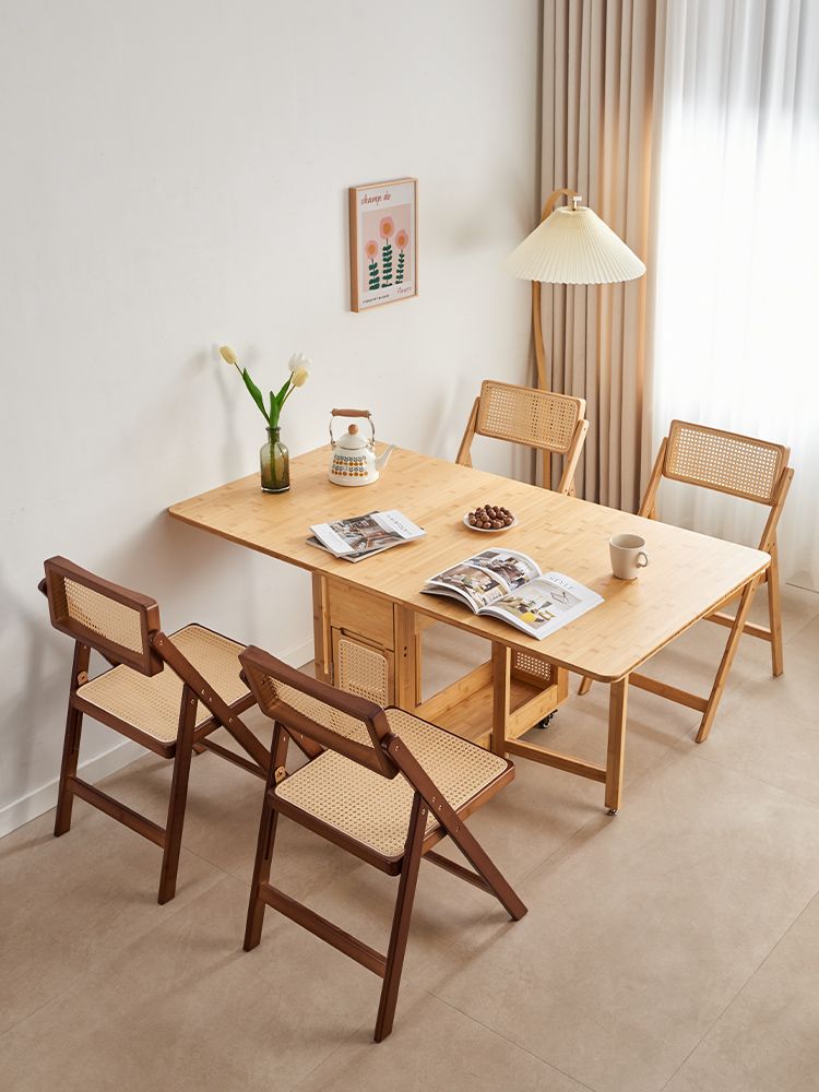 可開發票 實木折疊餐桌家用小戶型藤編方形伸縮餐桌子日式現代簡約桌椅組合 快速出貨