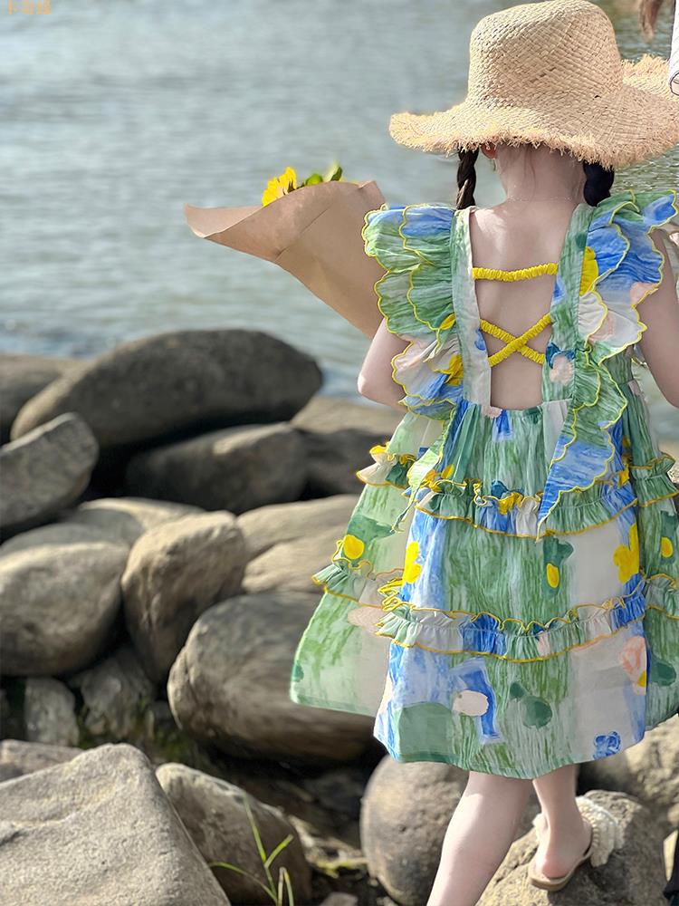 66公主女童連衣裙沙灘夏季兒童裙子2023新款洋氣女孩夏裝吊帶時髦