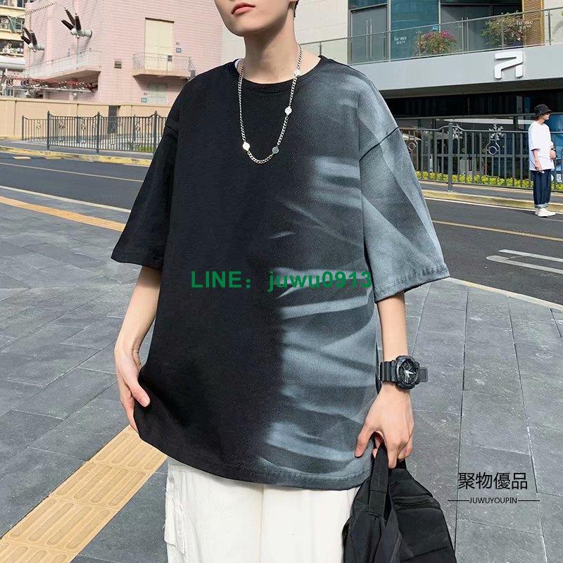 夏季扎染短袖T恤男潮流百搭七分袖寬版上衣男士服飾【聚物優品】