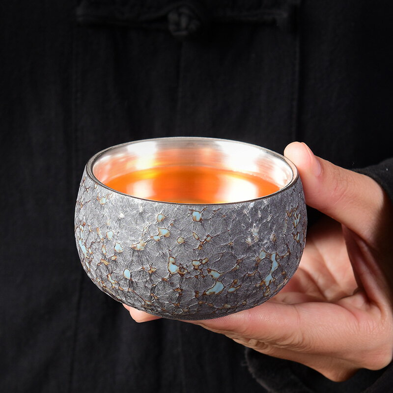 999純銀窯變茶杯內膽鎏銀陶瓷功夫茶具單杯品茗杯茶盞茶碗主人杯
