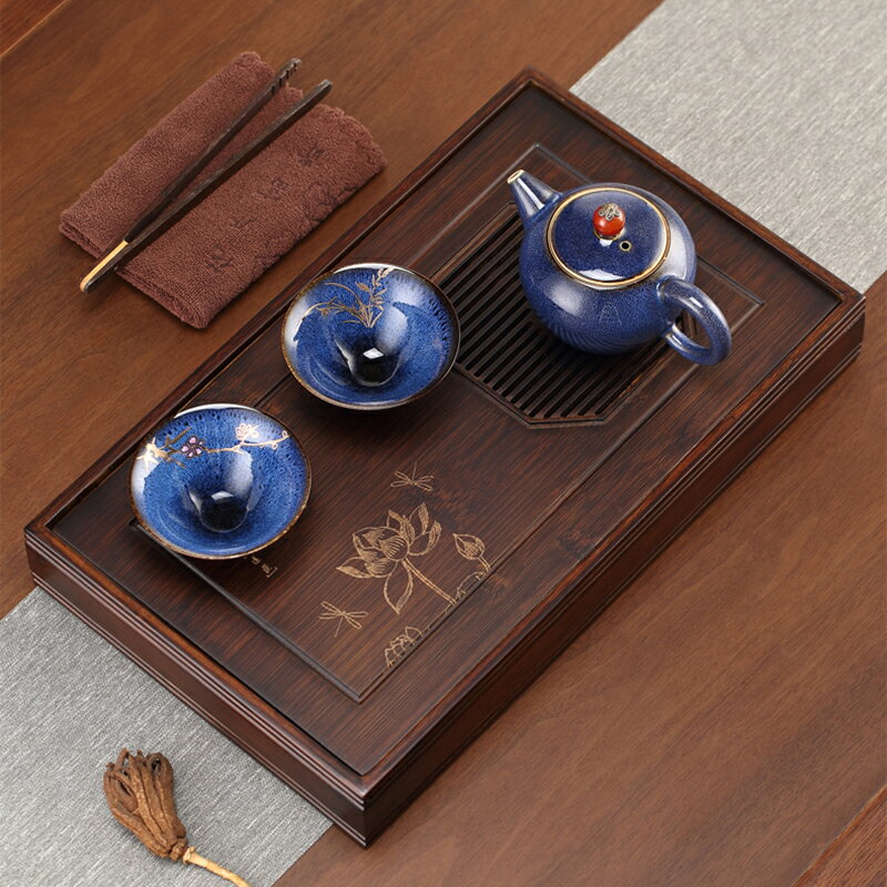 竹製儲水式茶盤方形茶托盤簡約小型茶臺幹泡茶具茶海大號深色套裝