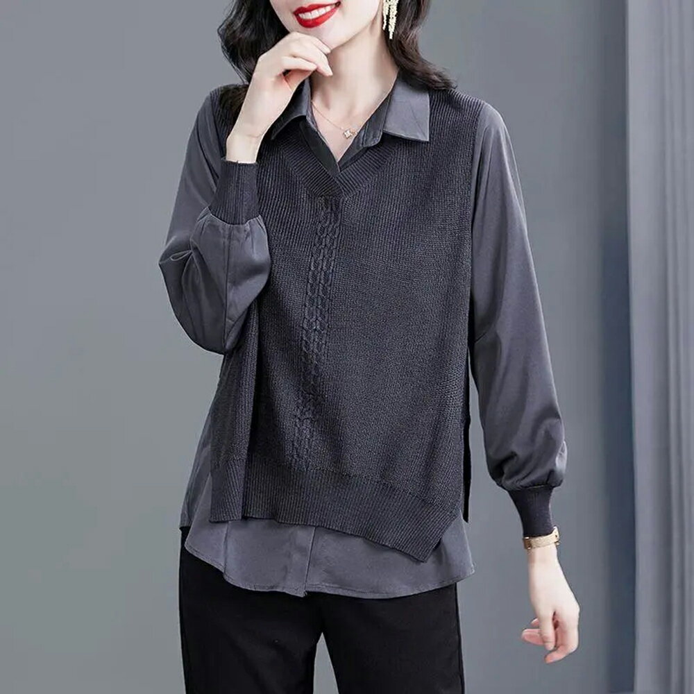 ＊ORead＊針織襯衫假兩件上衣(藍灰色M~3XL)