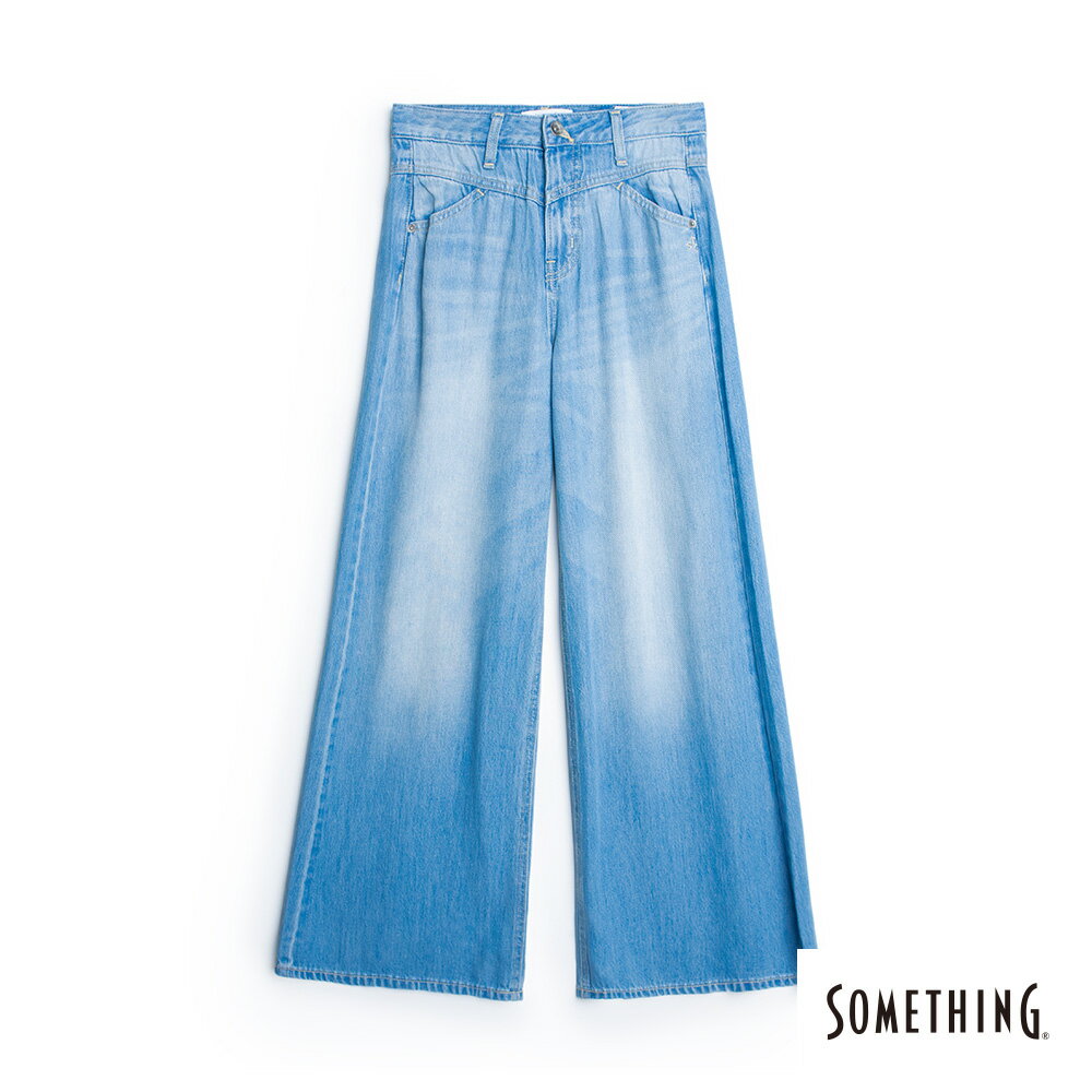 SOMETHING 女款 激腰束腹丹寧寬褲 (漂淺藍)