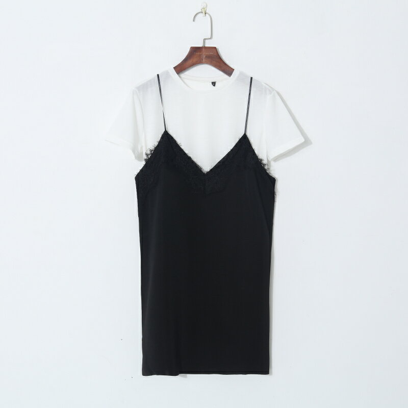 夏季女裝時尚韓版簡約純色短袖T恤+V領蕾絲花邊顯瘦吊帶裙
