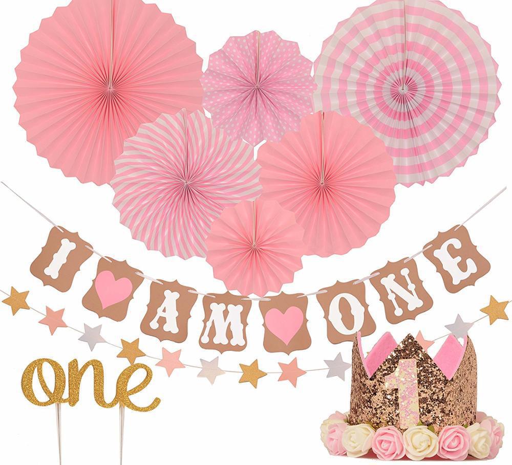 [Hare.D]現貨ㄧ歲 紙扇花帽子組 DIY 紙扇花 男寶女寶 生日氣球 寶寶 生日氣球 慶生 週歲佈置