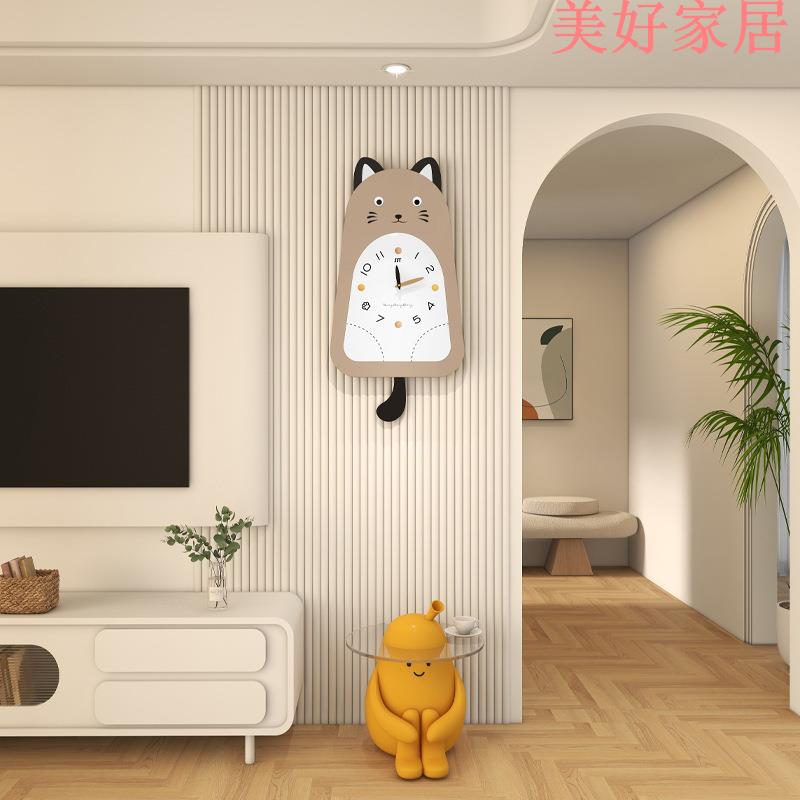 免運 掛鐘 可愛貓咪時鐘高級感掛墻家用創意掛鐘客廳玄關背景裝飾畫簡約鐘表