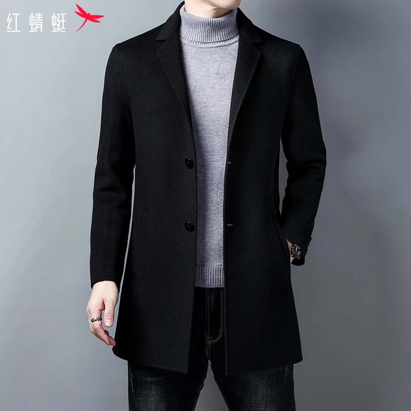 紅蜻蜓秋季西裝領男士風衣中長款商務高階羊毛衫夾克新款時尚外套