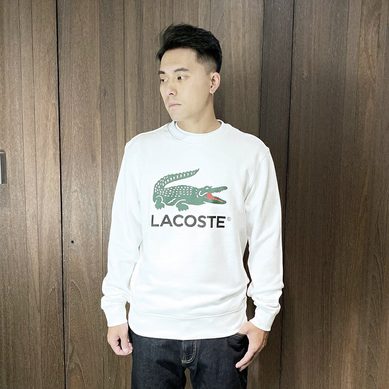 美國百分百【全新真品】Lacoste 大學T 毛巾布 棉質 男款 鱷魚 長袖上衣 logo 白色 DF41