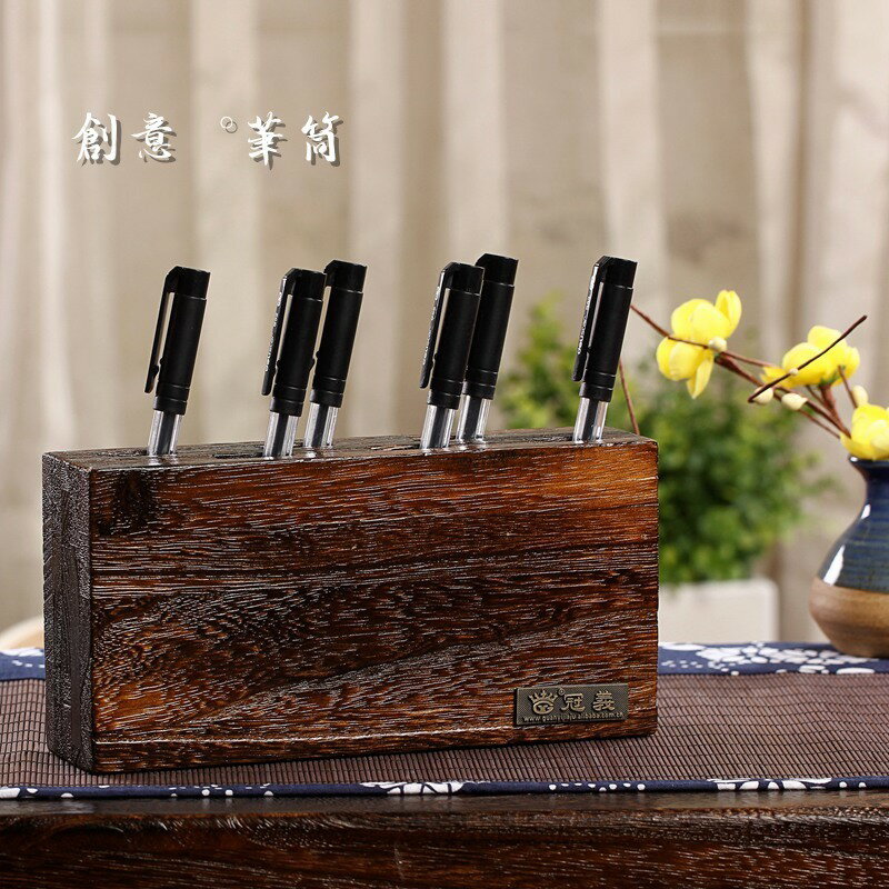 日式實木插筆筒桌 面文具收納盒 創意筆筒復古筆架 木質長方形筆插日本 全館免運