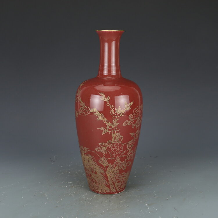 大清乾隆豇豆紅描金花鳥來福瓶仿古瓷器古董真品古玩收藏