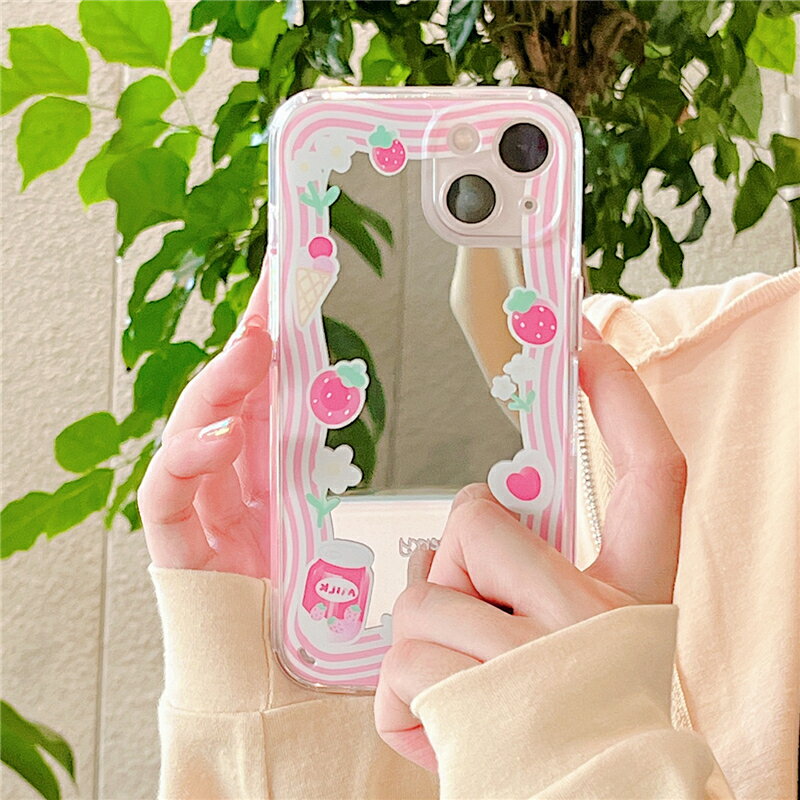 手機殼 ● 草莓牛奶鏡麵適用iPhone12Pro max蘋果13手機殼11網紅鏡子xs xr女