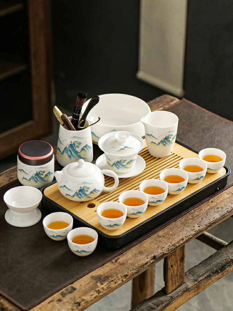 羊脂玉功夫茶具套裝 家用辦公室喝茶茶壺茶盤高檔輕奢白瓷蓋碗茶杯【不二雜貨】