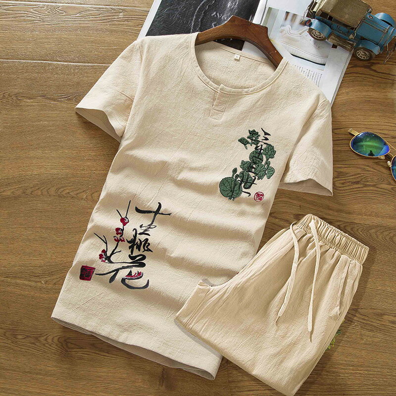 夏季中國風短袖短褲T恤運動套裝男士休閑潮流刺繡棉麻亞麻男裝