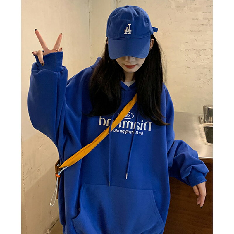 克萊因藍連帽衛衣女2022年春秋加絨加厚慵懶風寬松小眾設計感外套