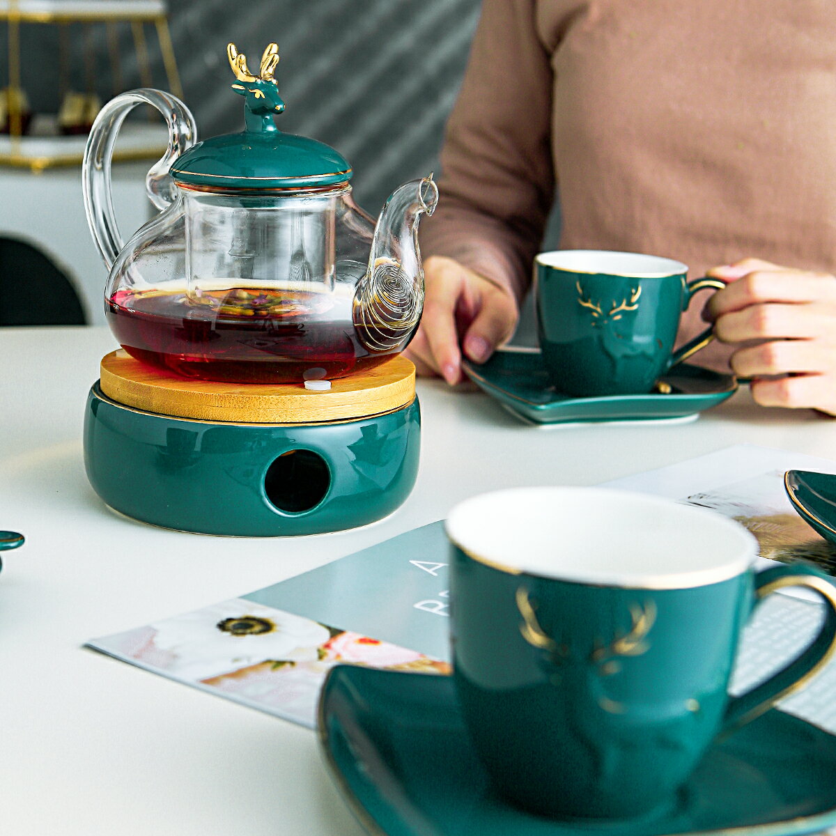 歐式陶瓷家用花茶壺套裝帶過濾玻璃茶具下午煮茶花果茶杯蠟燭加熱