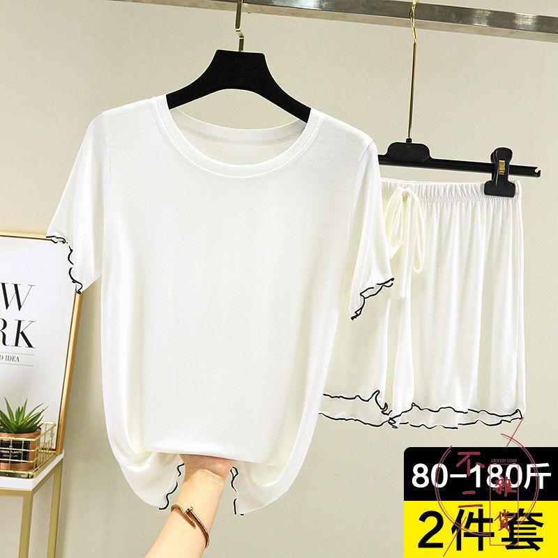 莫代爾睡衣套裝女夏季大碼寬松圓領打底衫內搭短袖T恤睡褲兩件套