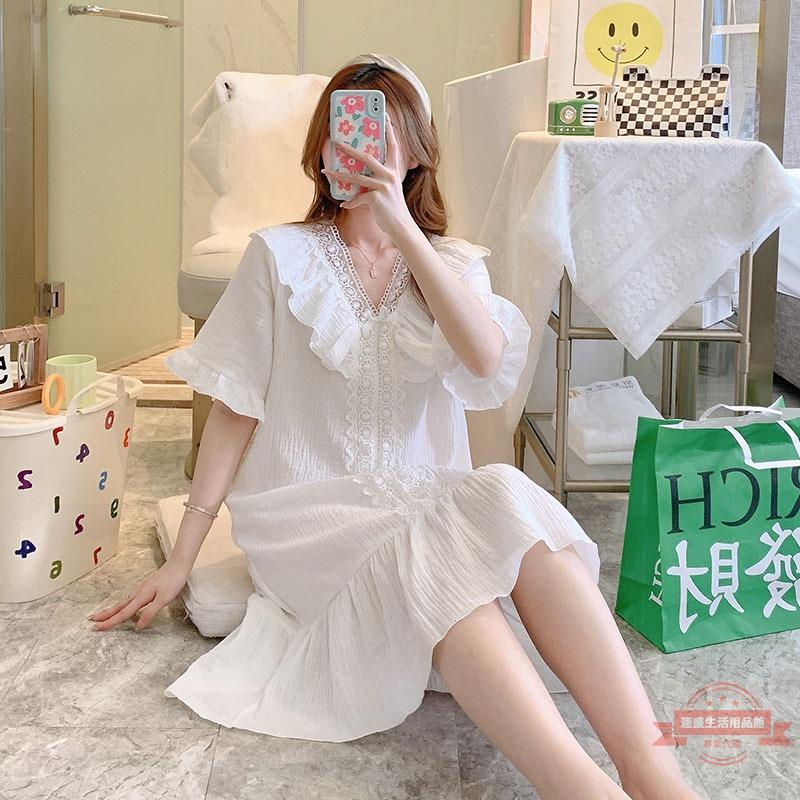日系純棉紗布宮廷風睡裙女短袖甜美清新純色少女睡衣中長裙家居服